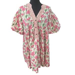 Sage + Fig Pink Floral Cotton Babydoll Mini Dress Puff Sleeve SD7643 Large